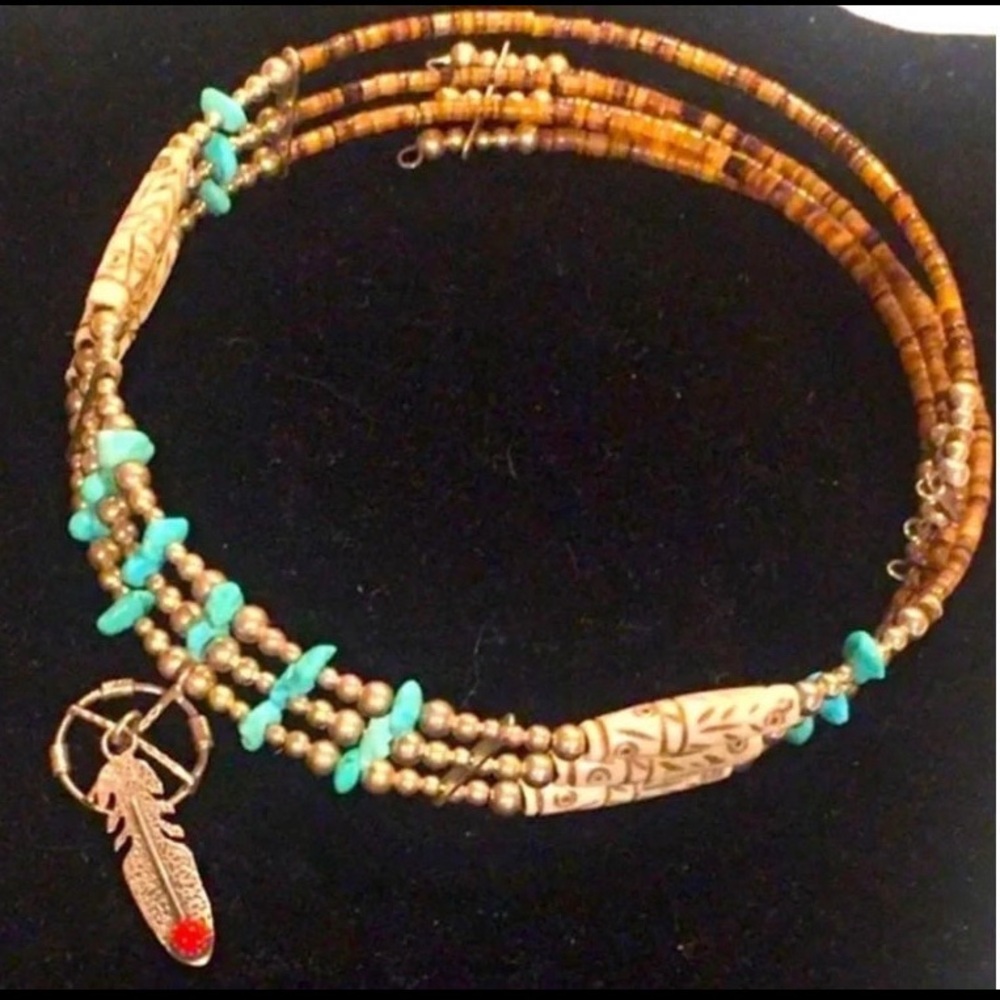 Native American Indian Choker Collar Necklace Silver, Turquoise, Coral & Bone